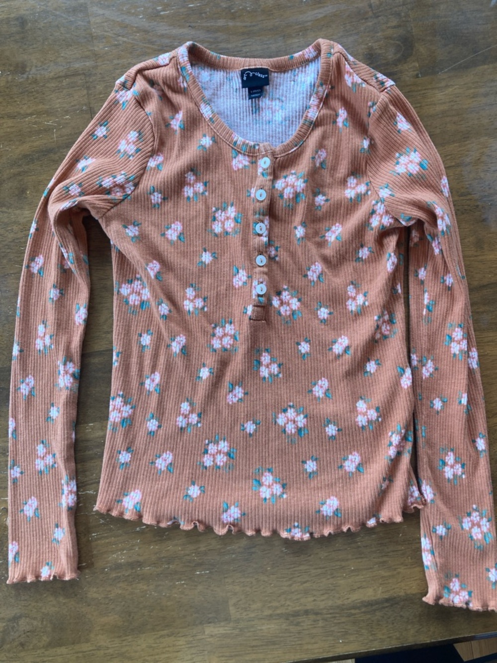 art class Rust Floral Ribbed Long Sleeve Henley Top with Pink Flowers